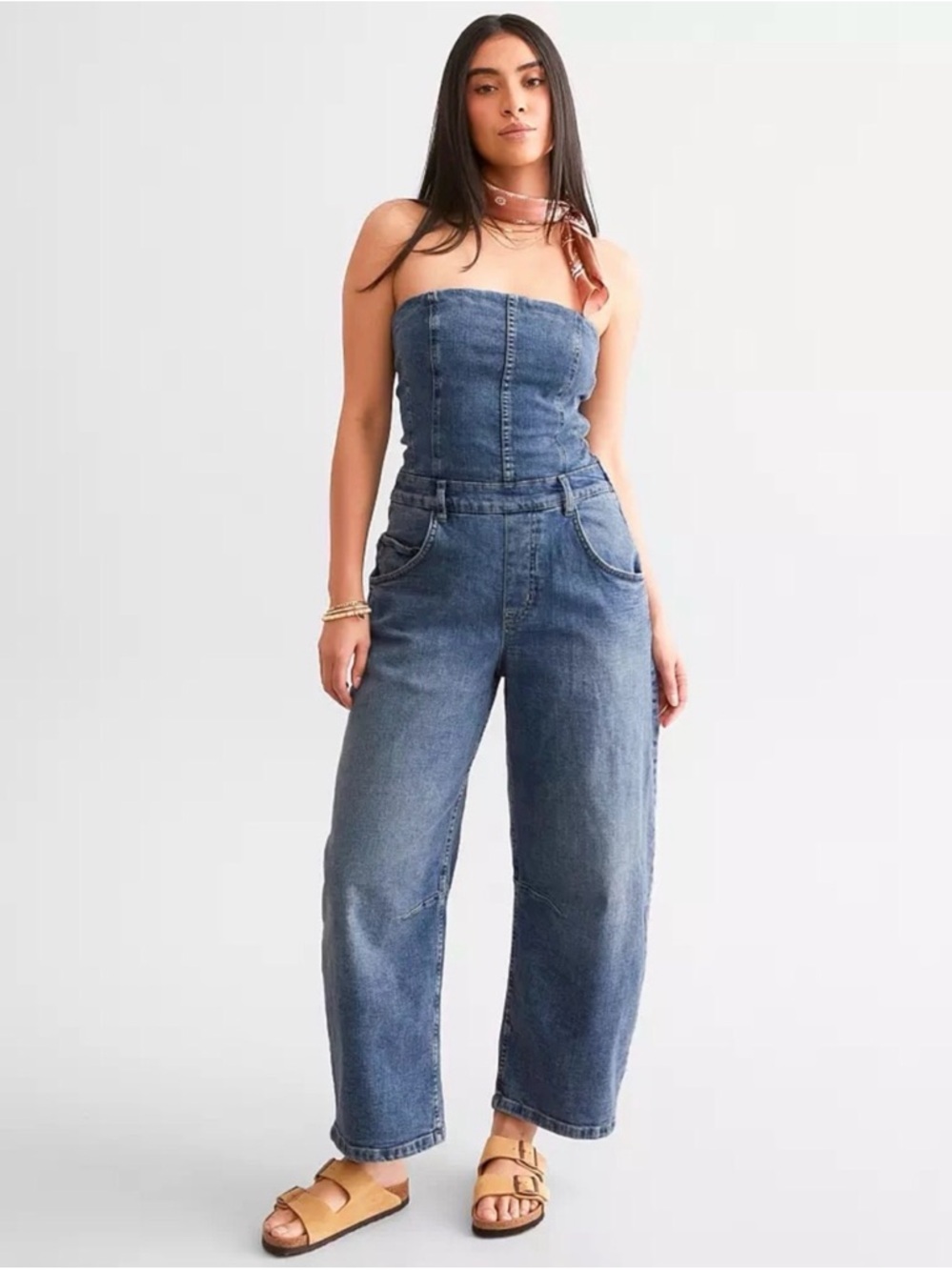 We The Free Strapless Blue Denim Overalls Jumpsuit 🔥 Size XL